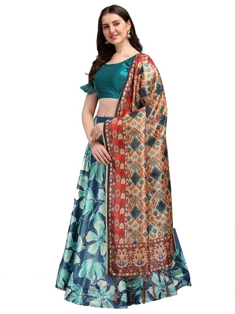 Elegant Blue Woven Design Satin Semi-Stitched Lehenga Choli with Dupatta For Women